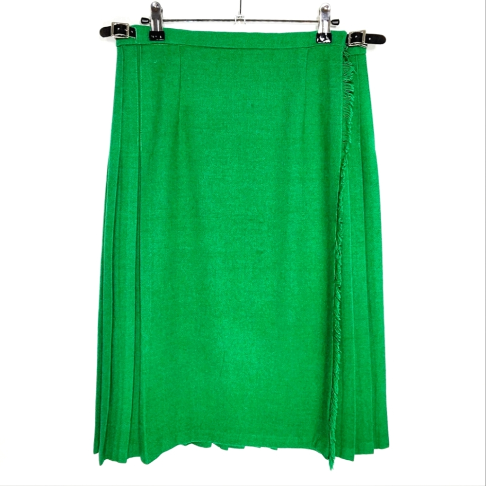 O'neil of Dublin Irish wool Kelly green pleated wrap style midi skirt 28" waist